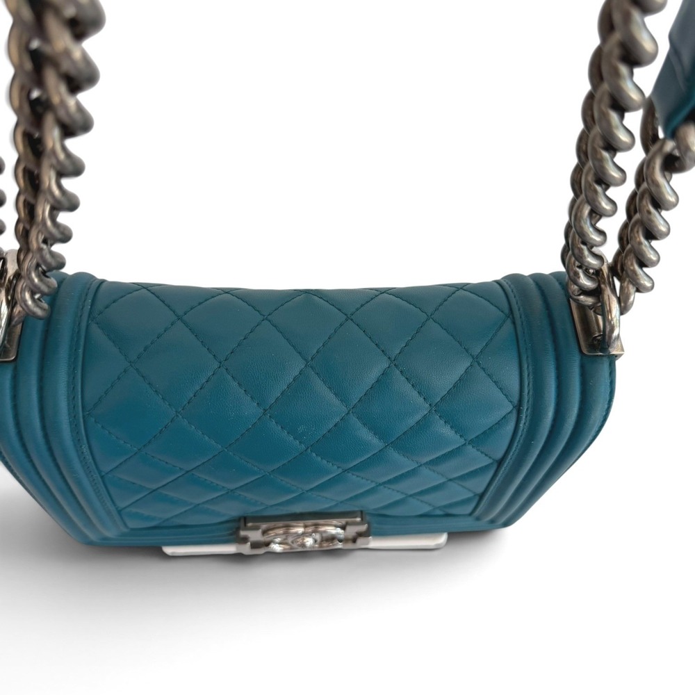 Chanel Boy Bag Small Teal Quilted Leather Ruthenium Chain Flap Crossbody - Picture 5 of 15
